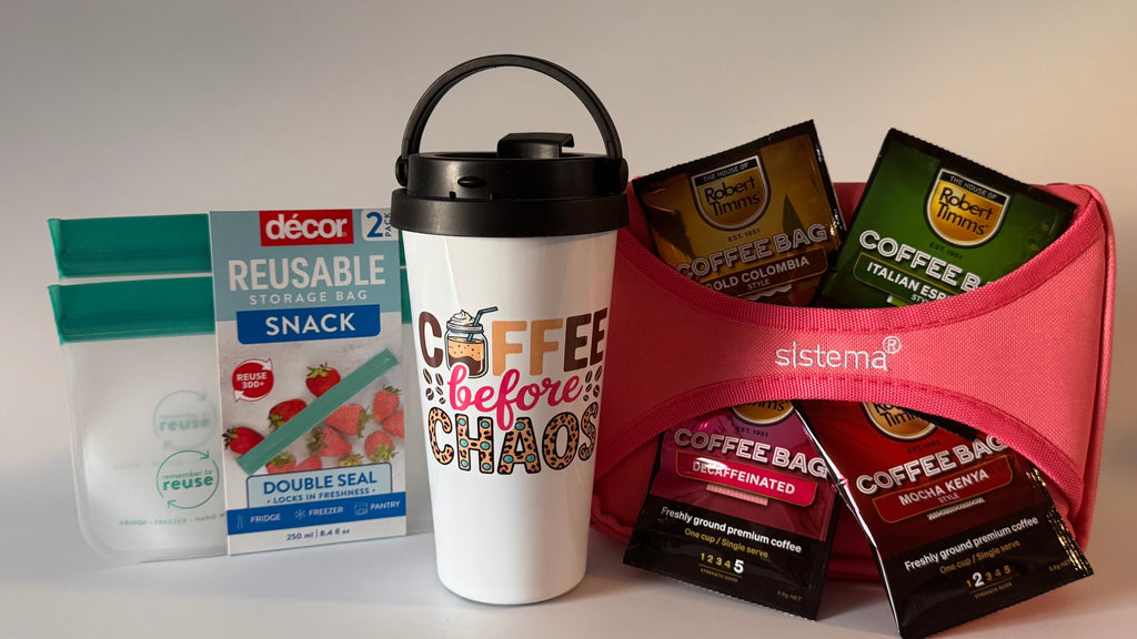 Reusable snack bag, coffee cup, and coffee bags on a white background