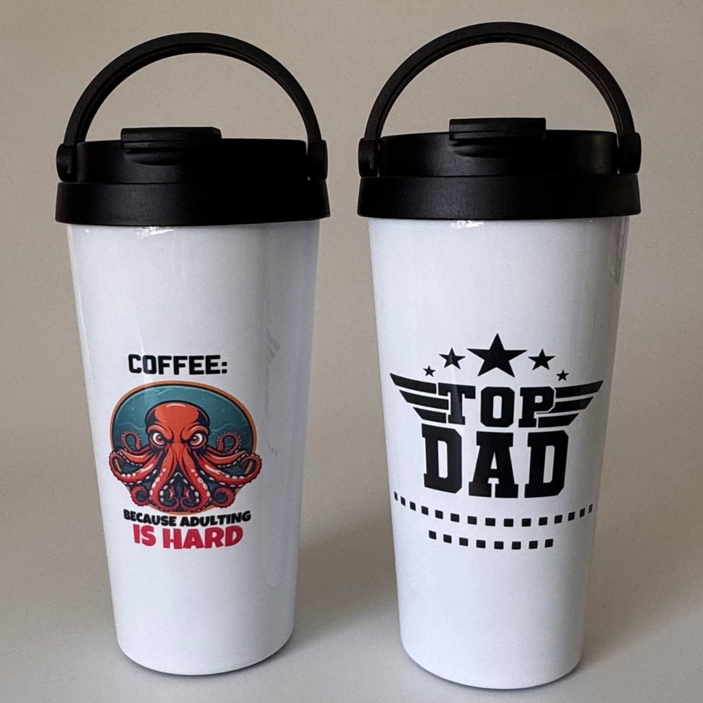 Two white tumblers with black lids, one featuring an octopus graphic and text, the other with 'Top Dad' text.