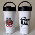Two white tumblers with black lids, one featuring an octopus graphic and text, the other with 'Top Dad' text.