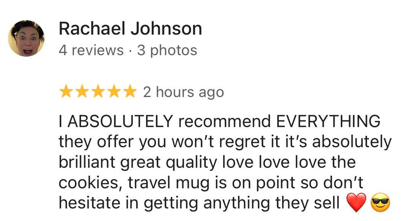 Five-star review from Rachael Johnson with text and emojis on a white background