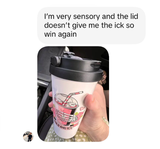 Two images of a coffee cup with text expressing sensory preferences and love for the cup.