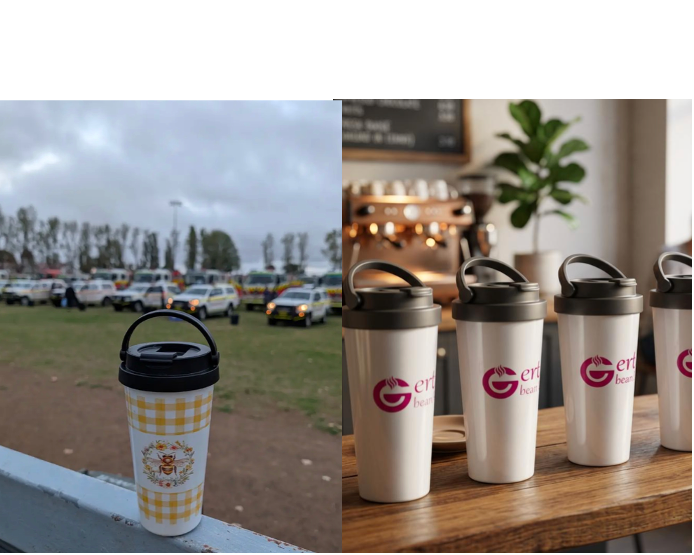 Collage of a white tumbler with black lid in various settings including outdoors and indoors.
