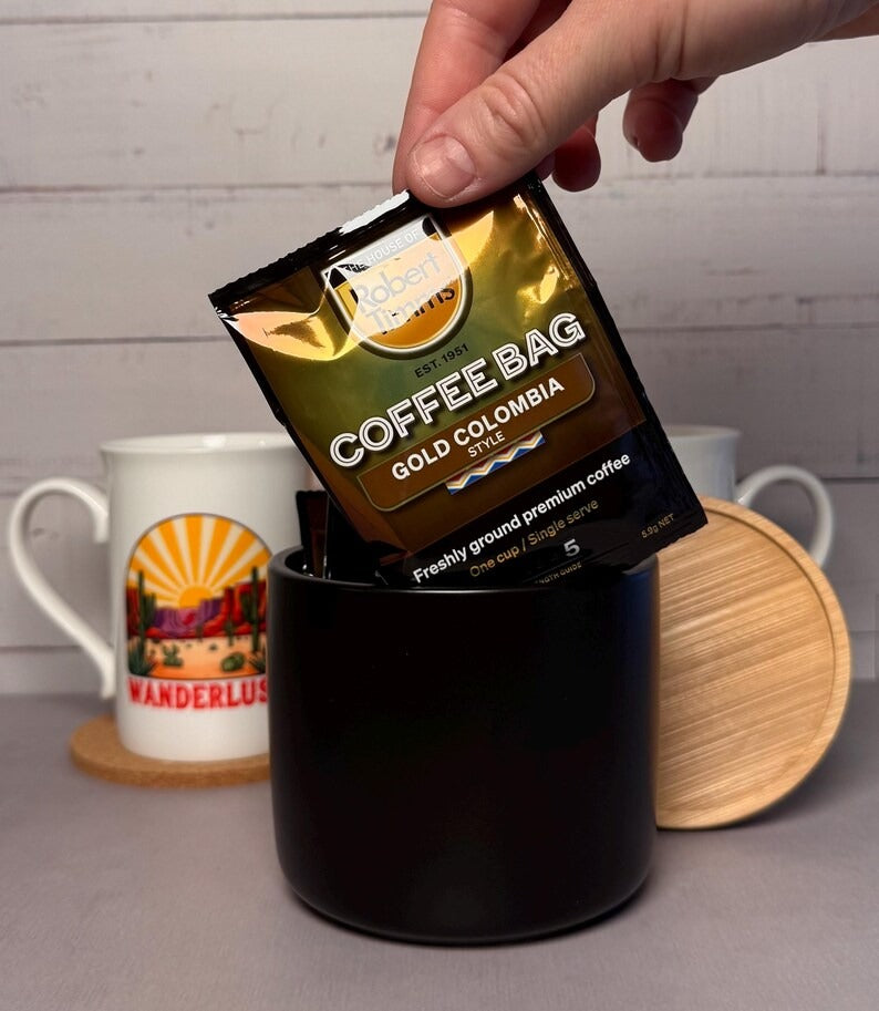 Wanderlust Coffee Mug Gift Set: Porcelain Mugs, Coasters & Chocolate - Cottee Creations