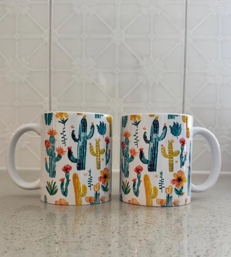 Cactus Coffee Mug Gift Set: Ceramic Mugs, Coasters, Coffee & Trinket Dish - Cottee Creations
