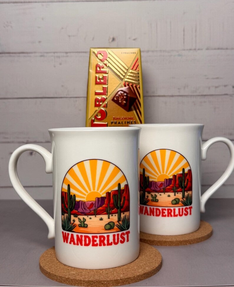 Wanderlust Coffee Mug Gift Set: Porcelain Mugs, Coasters & Chocolate - Cottee Creations