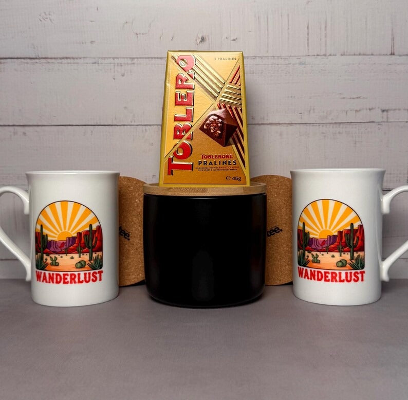 Wanderlust Coffee Mug Gift Set: Porcelain Mugs, Coasters & Chocolate - Cottee Creations