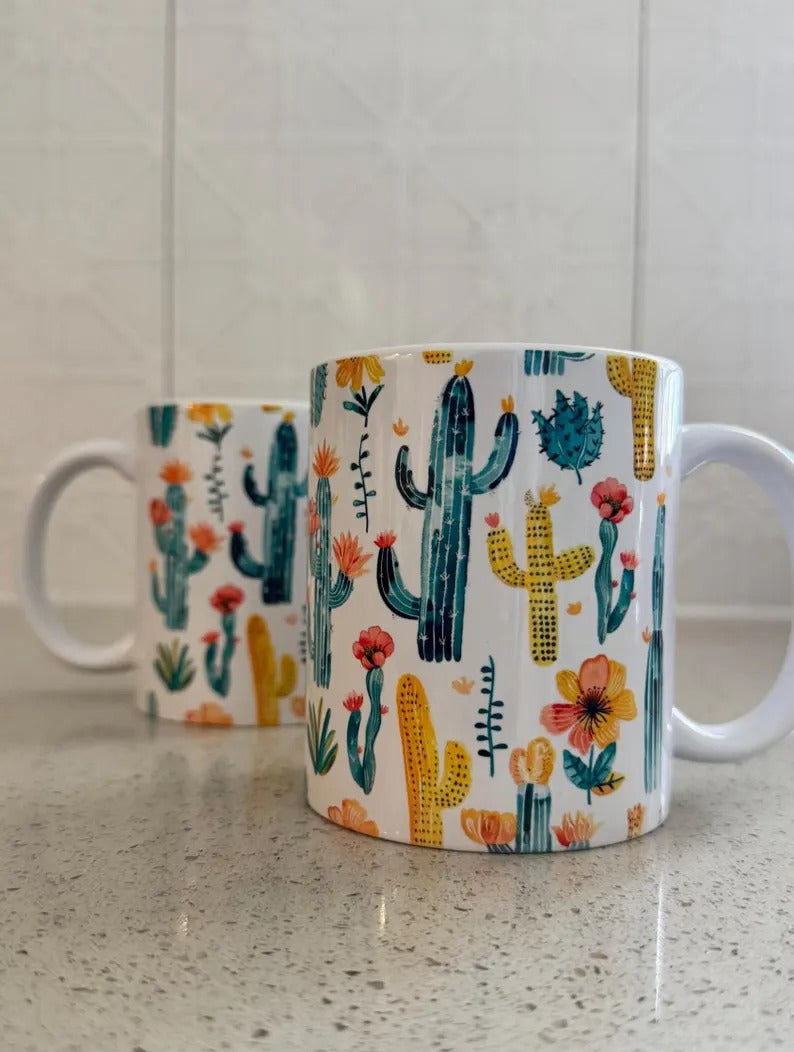 Cactus Coffee Mug Gift Set: Ceramic Mugs, Coasters, Coffee & Trinket Dish - Cottee Creations