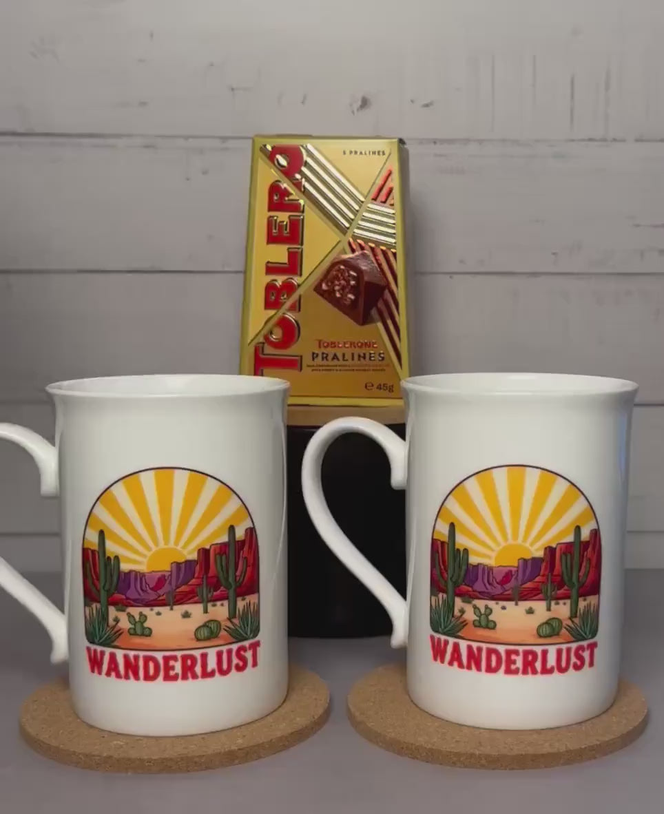 Wanderlust Coffee Mug Gift Set: Porcelain Mugs, Coasters & Chocolate
