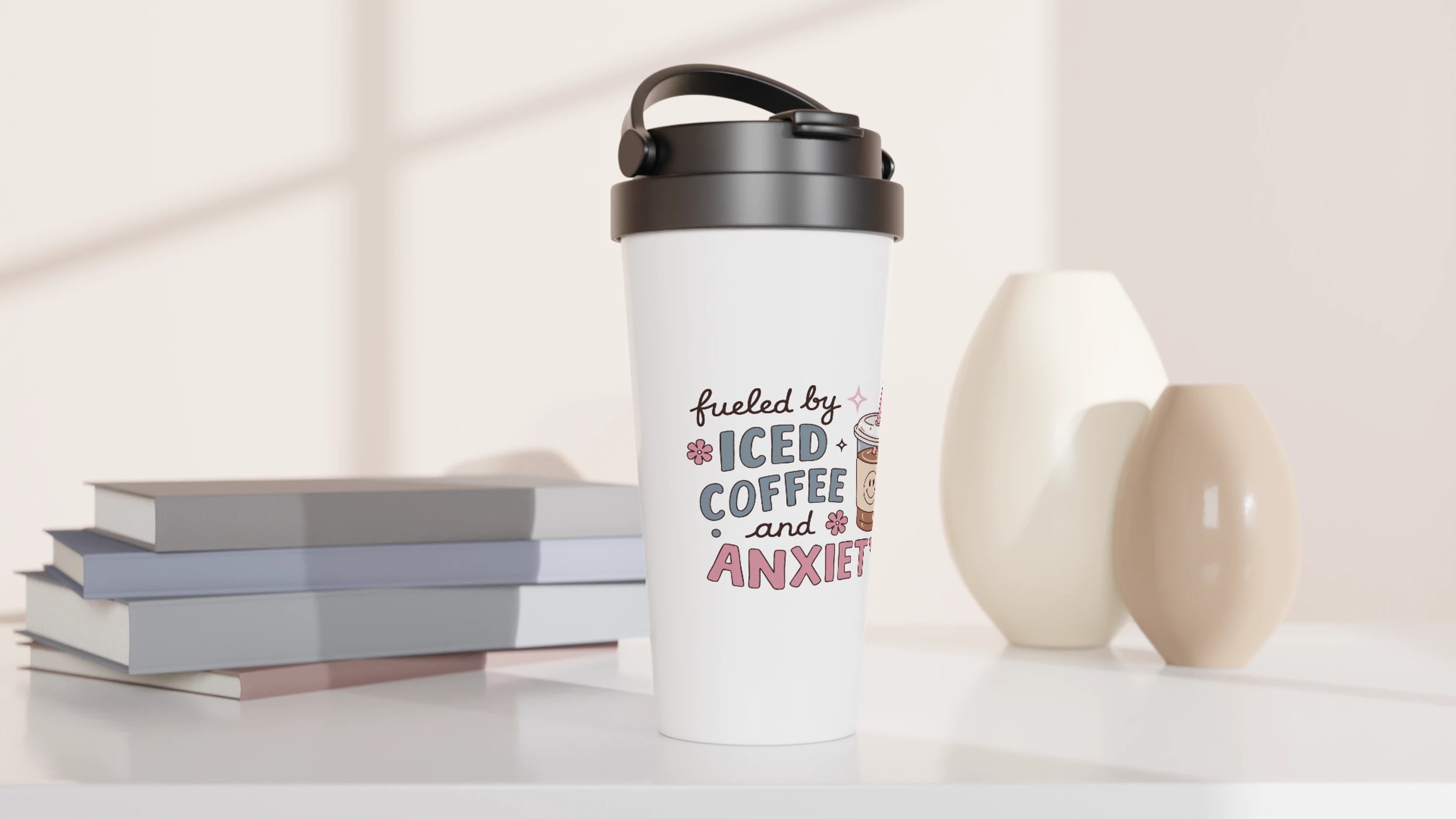 Fueled by Iced Coffee and Anxiety 443ml (15oz) Stainless Steel Travel Mug - Cottee Creations
